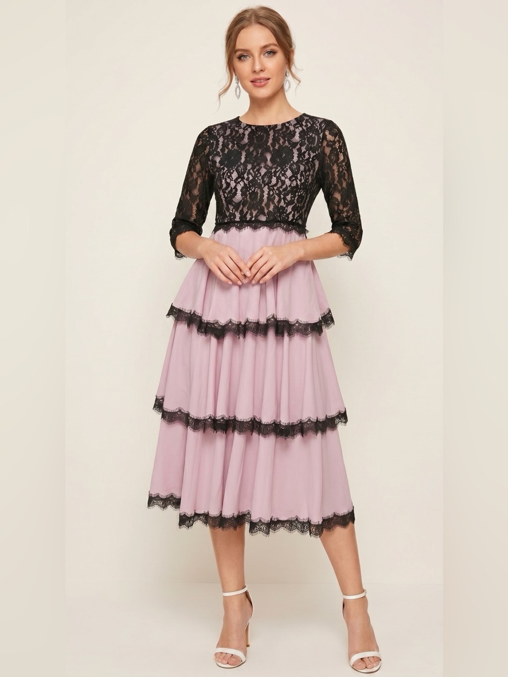 Elegant Black Lace & Dusty Pink Tiered Midi Dress